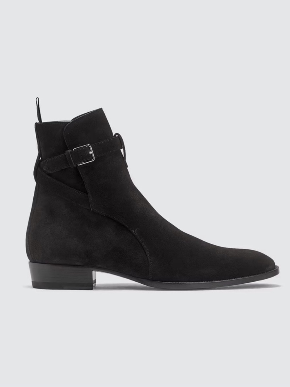 Saint Laurent Men’s Black Suede Ankle Boots with Buckle Strap